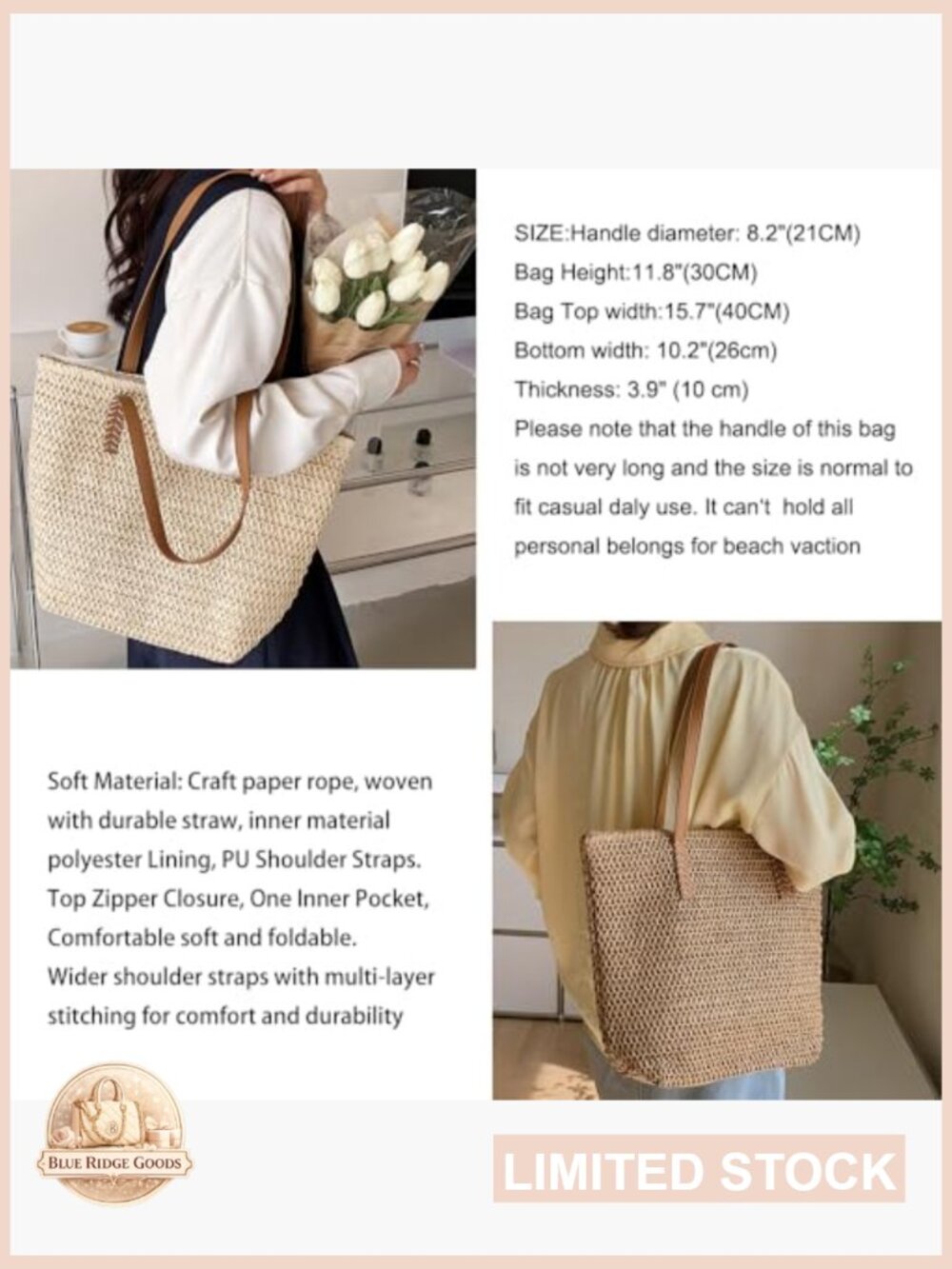 Straw Tote Bag Large Summer Beach Shoulder Bag with Zipper - Picture 4 of 7